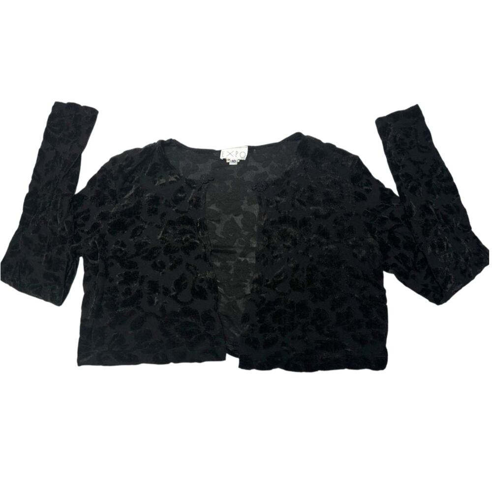 Vintage EXPO Black Velvet Burnout Mesh Cropped Cardigan Size 10